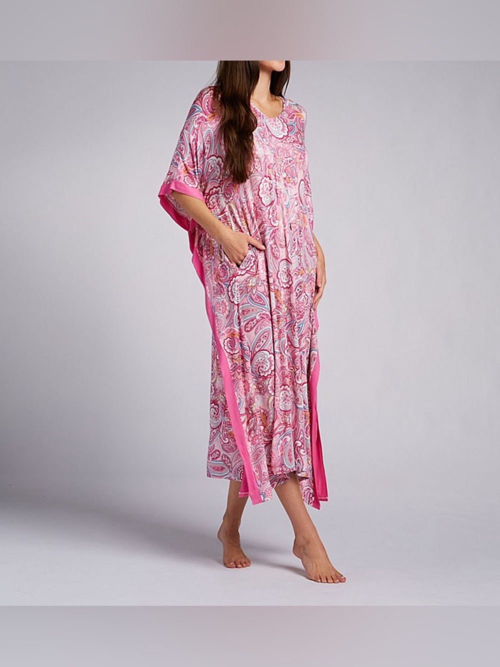 Ellen Tracy Pink Paisley Maxi Caftan Soft & Stretchy with Side Pockets Like New